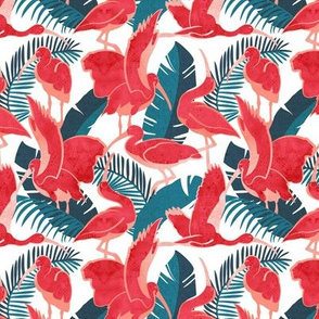 Tiny scale // Luxurious Scarlet Ibis // white background teal vegetation metal rose and red guará large birds  