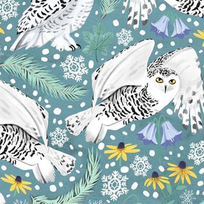 Snowy Owls on a Snowy Eve - Teal Background