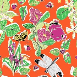 dragonflies  cottage floral bright orange