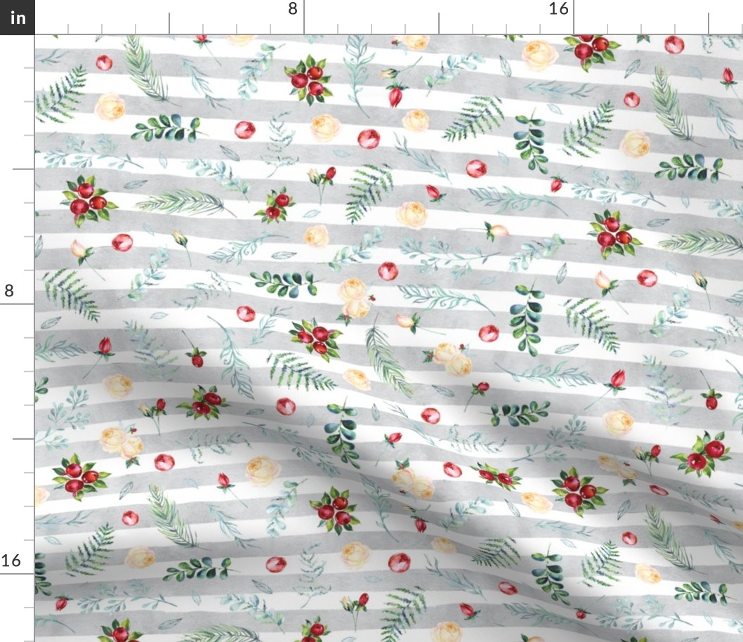 Christmas Berry floral on silver stripes