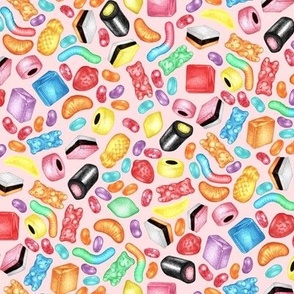 Rainbow Diet - a colorful assortment of hand-drawn candy on pale pink 