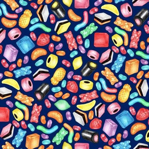 Rainbow Diet - a colorful assortment of hand-drawn candy on dark navy blue