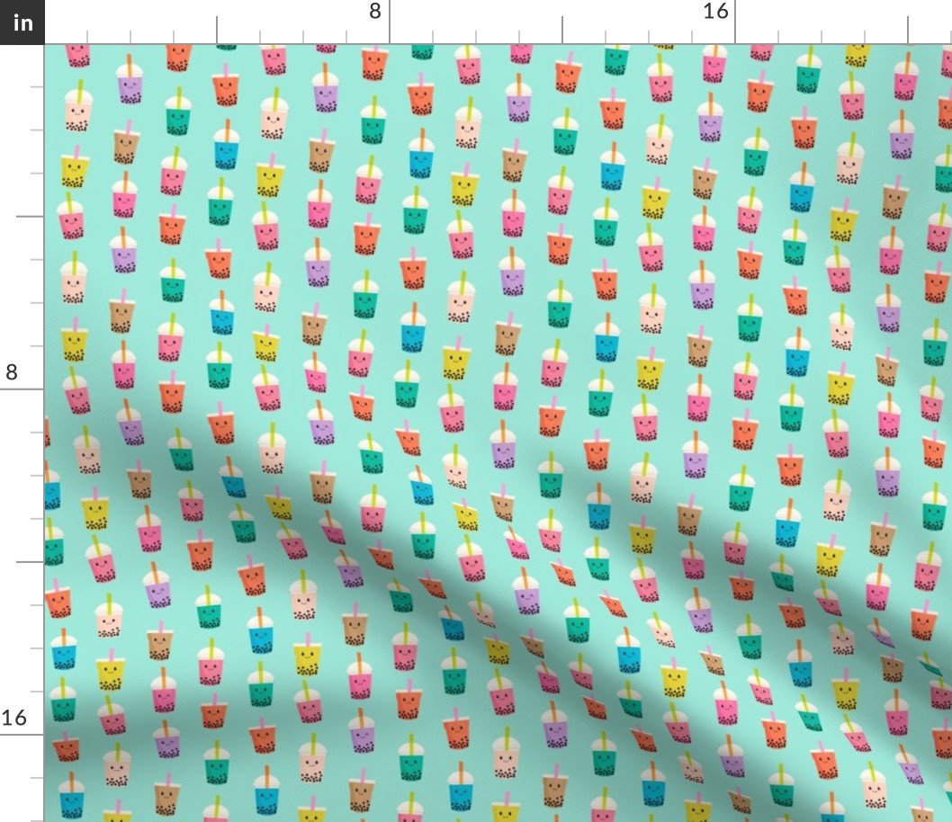 SMALL - Boba Tea fabric - boba fabric, kawaii fabric, cute fabric, food fabric, bubble tea fabric, bubble tea, kawaii food - mint