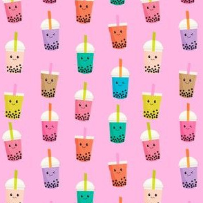 SMALL - Boba Tea fabric - boba fabric, kawaii fabric, cute fabric, food fabric, bubble tea fabric, bubble tea, kawaii food - bright pink