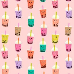 SMALL - Boba Tea fabric - boba fabric, kawaii fabric, cute fabric, food fabric, bubble tea fabric, bubble tea, kawaii food - light pink