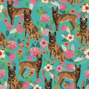 belgian malinois floral fabric - dog design - turquoise