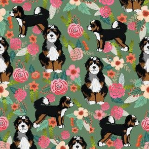 bernedoodle floral fabric - cute dog florals - green