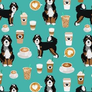 bernedoodle coffee fabric - cute dog design - turquoise