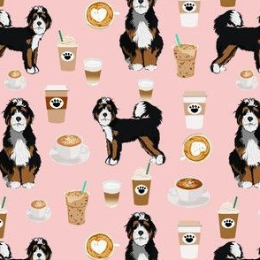 bernedoodle coffee fabric - cute dog design - pink