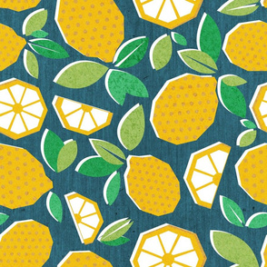 Normal scale // Paper cut geo lemons // teal background yellow geometric citrus fruits