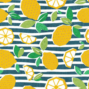 Normal scale // Paper cut geo lemons // white and teal stripes on background yellow geometric citrus fruits