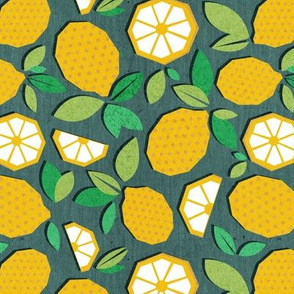 Small scale // Paper cut geo lemons // green background yellow geometric citrus fruits