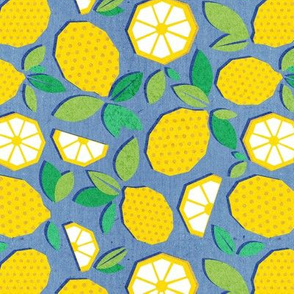 Small scale // Paper cut geo lemons // denim blue background yellow geometric citrus fruits