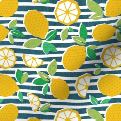 Small scale // Paper cut geo lemons // white and teal stripes on background yellow geometric citrus fruits