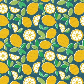 Tiny scale // Paper cut geo lemons // teal background yellow geometric citrus fruits