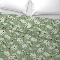 Medium Wild flowers with bees Cottage Core Floral Queen Anne's lace, chicory and grasses on Emerald, Kelly green , celadon green,  intheweedsdc , nursery wallpaper, kids wallpaper, gender neutral baby, emerald green