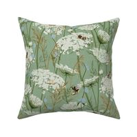 Medium Wild flowers with bees Cottage Core Floral Queen Anne's lace, chicory and grasses on Emerald, Kelly green , celadon green,  intheweedsdc , nursery wallpaper, kids wallpaper, gender neutral baby, emerald green