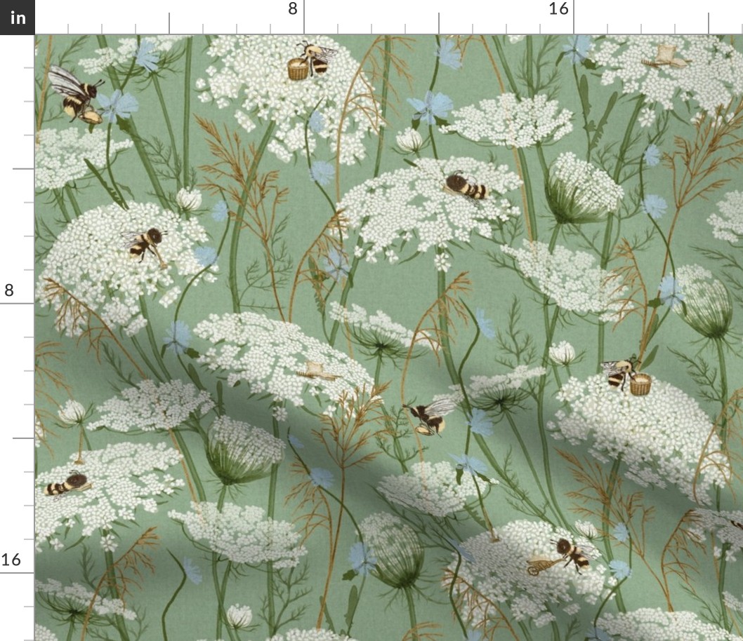 Medium Wild flowers with bees Cottage Core Floral Queen Anne's lace, chicory and grasses on Emerald, Kelly green , celadon green,  intheweedsdc , nursery wallpaper, kids wallpaper, gender neutral baby, emerald green