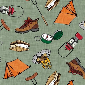 Let's go camping - camping outdoors themed - tent, smores, lantern, hiking boot, summer nights - sage - LAD20