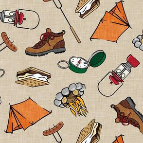 Let's go camping - camping outdoors themed - tent, smores, lantern, hiking boot, summer nights - tan - LAD20