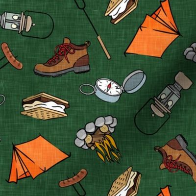 Let's go camping - camping outdoors themed - tent, smores, lantern, hiking boot, summer nights - green - LAD20