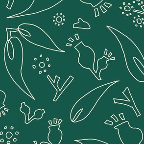 Line Art Australian Gumnut and Blossoms in forest green