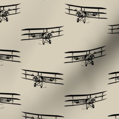 Antique Triplane Airplane Vintage Aviation Pattern in Black with Champagne Gold Background