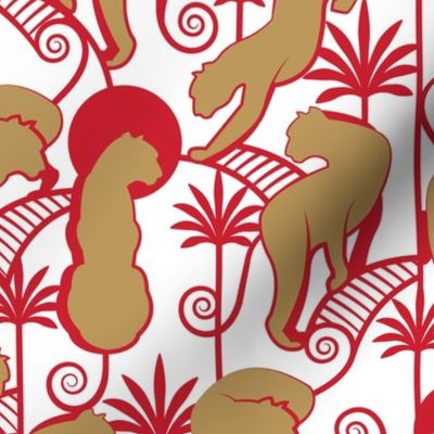 Normal scale // Deco Panthers Garden // white background flat gold big cats red lines (Florida colors)