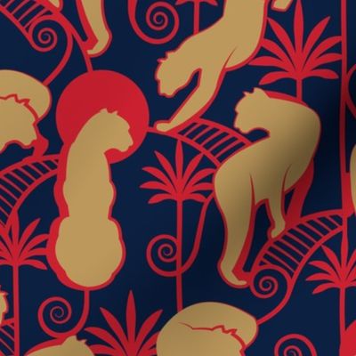 Normal scale // Deco Panthers Garden // navy blue background flat gold big cats red lines (Florida colors)