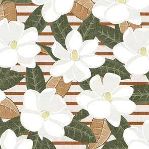(jumbo scale) magnolia flowers - southern floral - rust stripes - LAD20