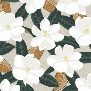 (jumbo scale) magnolia flowers - southern floral - dark green on cream - LAD20