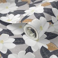 magnolia flowers - southern floral - blue on grey - LAD20