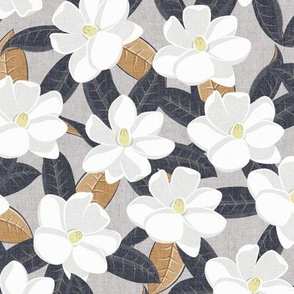 magnolia flowers - southern floral - blue on grey - LAD20