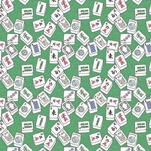 Mini Scale Mahjong Tiles on  Green Swirl Background
