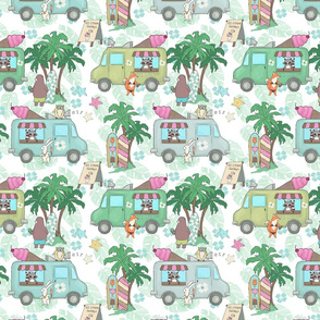 Woodland Surfers Ice Cream Truck Kids Fabric - Cute Design with Bears, Fox, Bunny, Palm Trees, and California Vibes - Medium