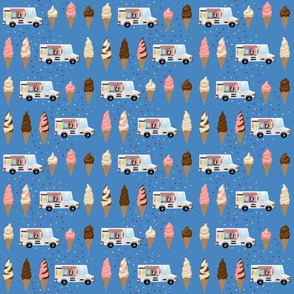 Ice cream trucks and ice cream cones on blue