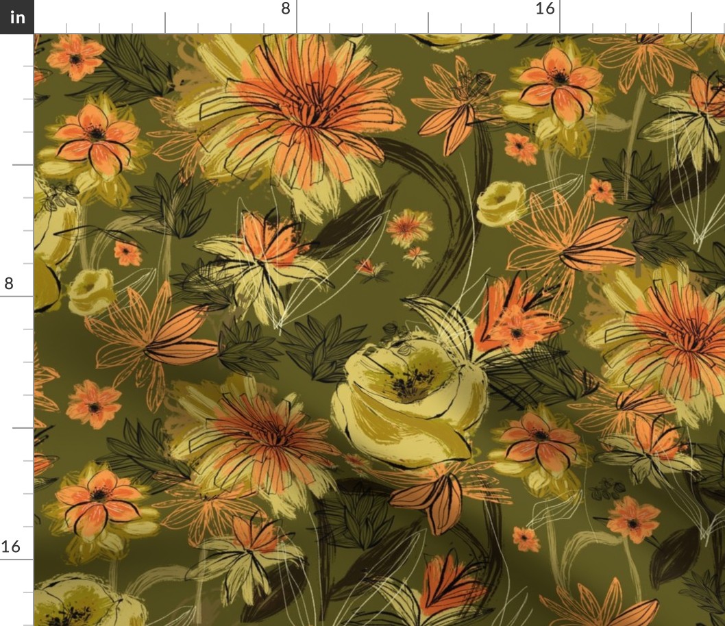 70s Retro orange and yellow Flowers on green