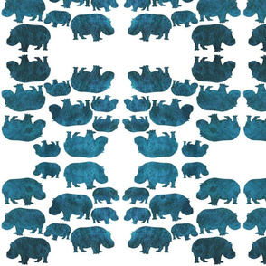 Animal Reflections - hippopotamus - teal blue on white, medium 