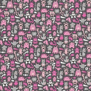 Monsters in Pink on Dark Grey Tiny Small