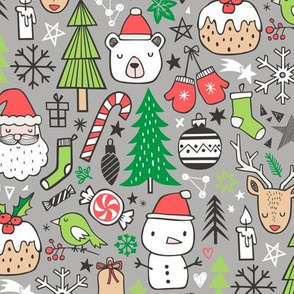 Xmas Christmas Winter Holiday Doodle with Snowman, Santa, Deer, Snowflakes, Trees, Mittens Green Red on Light Grey