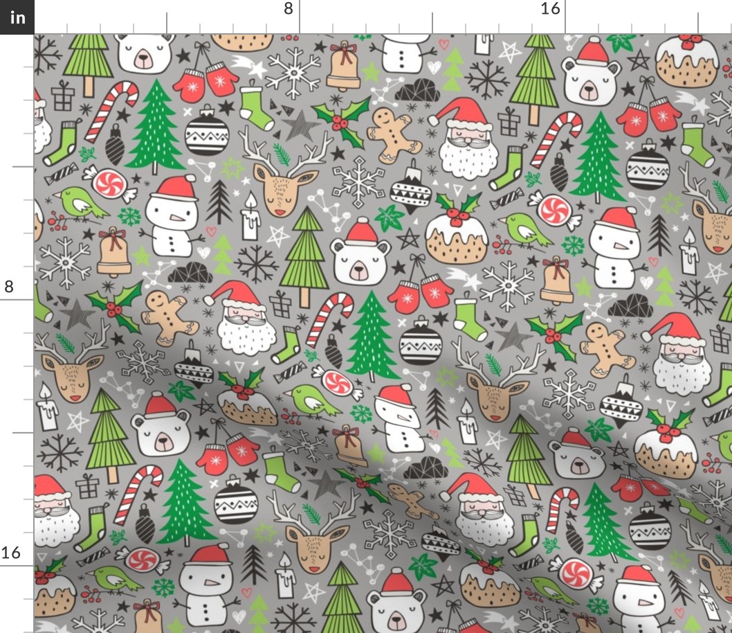 Xmas Christmas Winter Holiday Doodle with Snowman, Santa, Deer, Snowflakes, Trees, Mittens Green Red on Light Grey