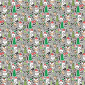 Xmas Christmas Winter Holiday Doodle with Snowman, Santa, Deer, Snowflakes, Trees, Mittens Green Red on Light Grey Tiny Small 0,75 inch