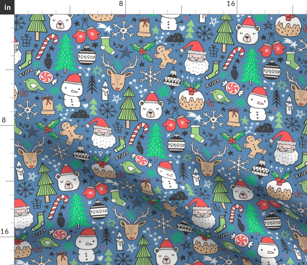 Xmas Christmas Winter Holiday Doodle with Snowman, Santa, Deer, Snowflakes, Trees, Mittens Green Red on Dark Blue