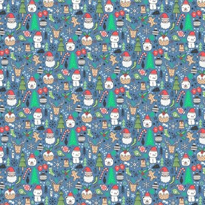 Xmas Christmas Winter Holiday Doodle with Snowman, Santa, Deer, Snowflakes, Trees, Mittens Green Red on Dark Blue Tiny Small 0,75 inch