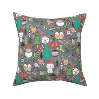 Xmas Christmas Winter Holiday Doodle with Snowman, Santa, Deer, Snowflakes, Trees, Mittens Green Red on Grey