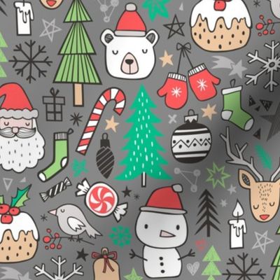 Xmas Christmas Winter Holiday Doodle with Snowman, Santa, Deer, Snowflakes, Trees, Mittens Green Red on Grey