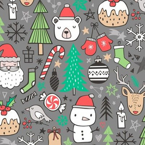 Xmas Christmas Winter Holiday Doodle with Snowman, Santa, Deer, Snowflakes, Trees, Mittens Green Red on Grey