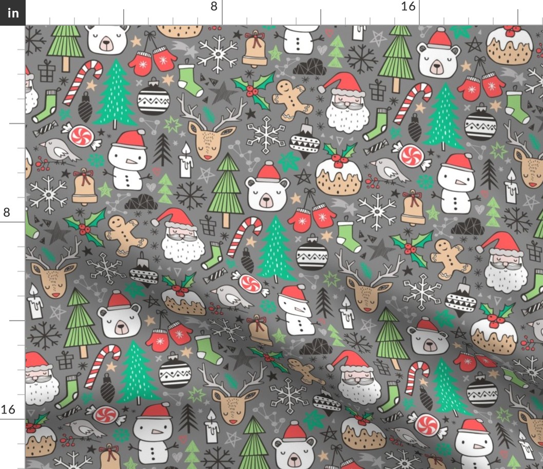 Xmas Christmas Winter Holiday Doodle with Snowman, Santa, Deer, Snowflakes, Trees, Mittens Green Red on Grey