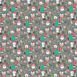 Xmas Christmas Winter Holiday Doodle with Snowman, Santa, Deer, Snowflakes, Trees, Mittens Green Red on Grey Tiny Small 0,75 inch