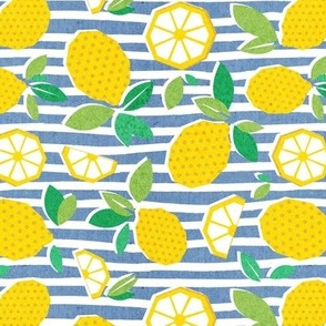 Small scale // Paper cut geo lemons // white and blue stripes on background yellow geometric citrus fruits